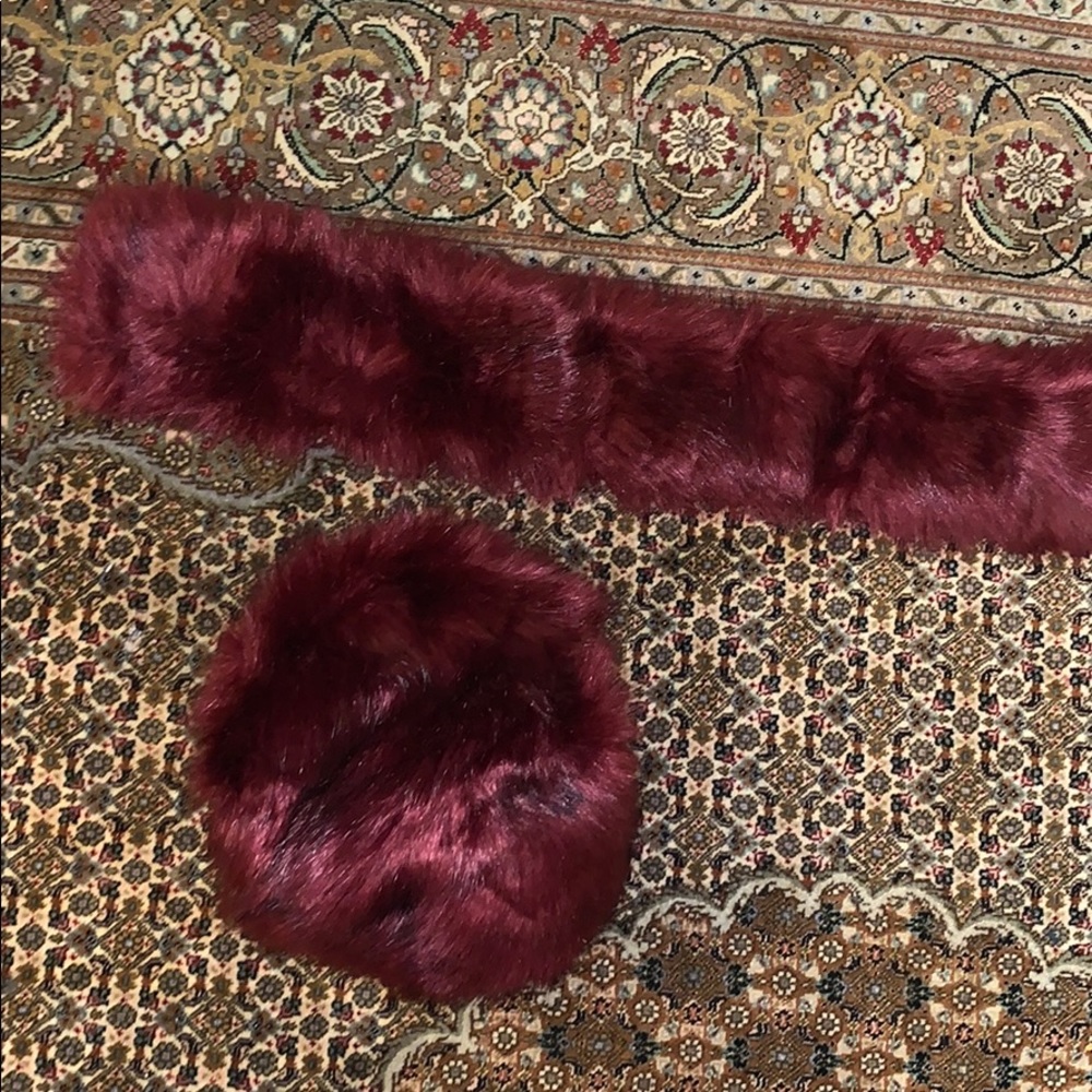 Burgundy hat and scarf feux fur set